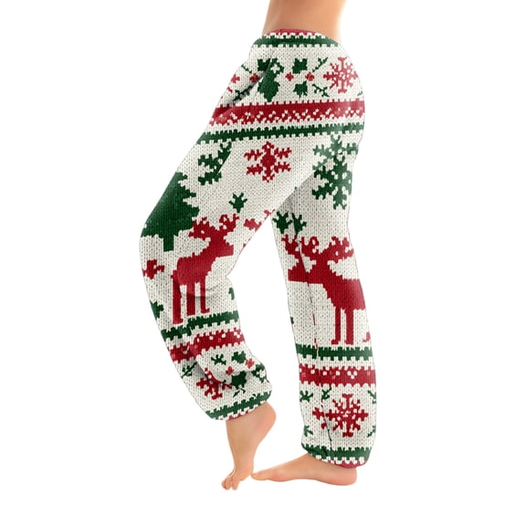 Women's Cuff Pajama Pants, Christmas Print Flannel Sleepwear, Elastic Waist Casual Lounge Pants, Cozy Nightwear for Winter and Holidays,White,S