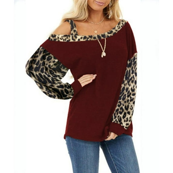 Women's Cuff Stitching Loose Diagonal Collar Pullover Long Sleeve Leopard Print Tops