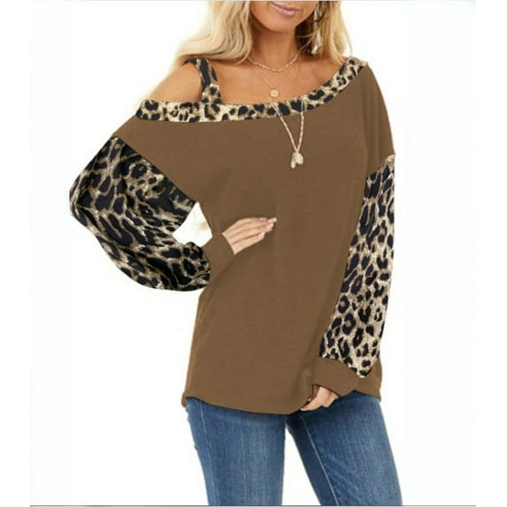 Women's Cuff Stitching Loose Diagonal Collar Pullover Long Sleeve Leopard Print Tops