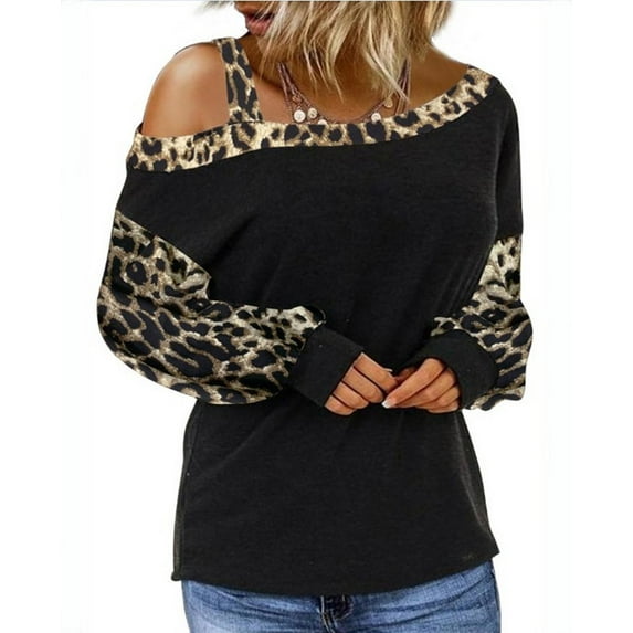 Women's Cuff Stitching Loose Diagonal Collar Pullover Long Sleeve Leopard Print Tops