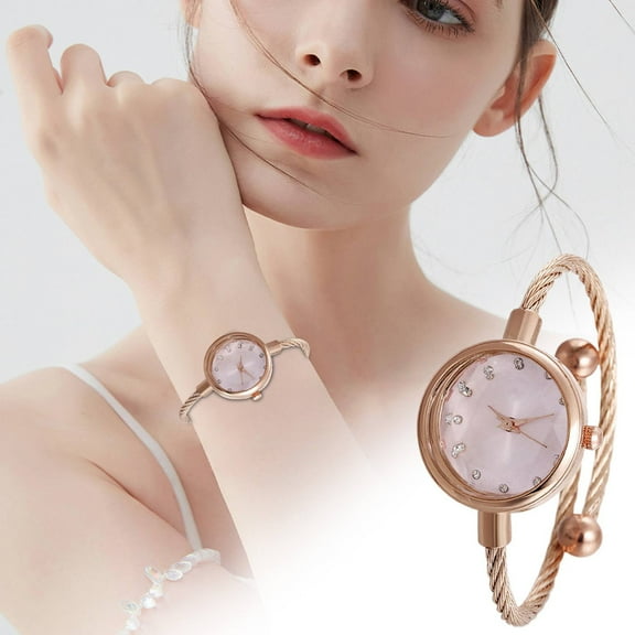 Women's Cuff Watch-Round Analog Display Diamond Numbers Wire Bracelet Watch for Women Elegant Cable Cuff Bangle Wrist Watch