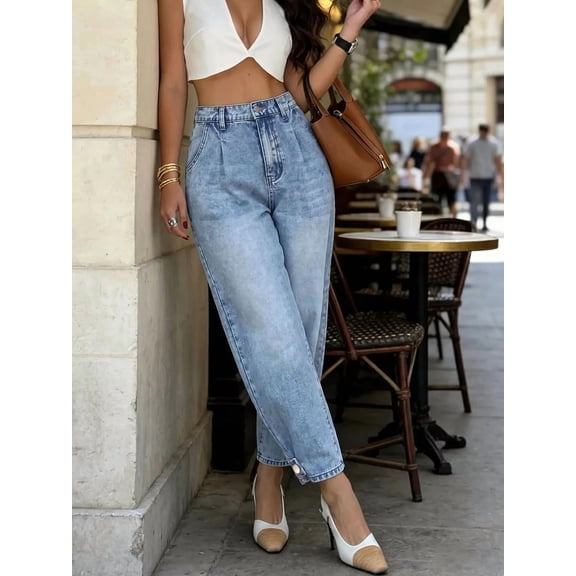 Women's Cuffed Ankle Length Jeans, High Waist Tapered Casual Pants for Daily & Date Wear