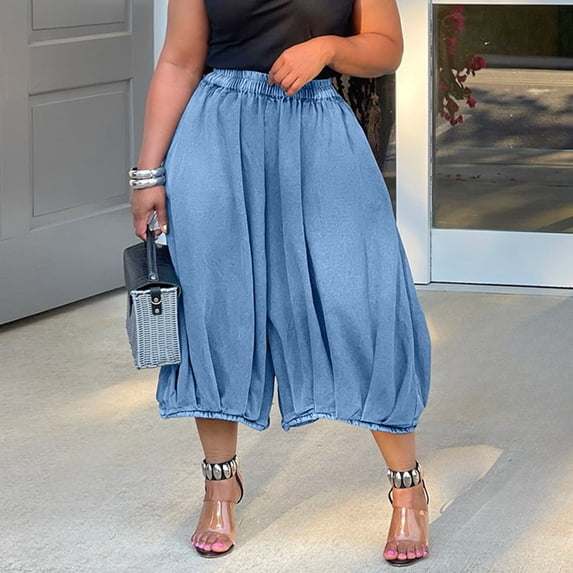 Women's Cuffed Hem Capris, High Waist Elastic Waist Jeans With Wrinkled Detail, Cropped Denim Pants For Casual Summer Outfits Blue 2XL