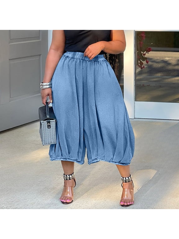 Women's Cuffed Hem Capris, High Waist Elastic Waist Jeans With Wrinkled Detail, Cropped Denim Pants For Casual Summer Outfits Blue XL