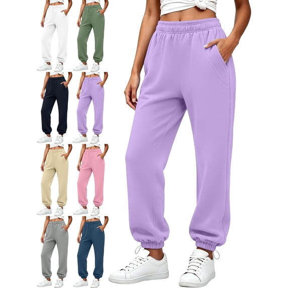 Women's Cuffed Jogger Sweatpants Elastic Waist Loose Fit Ribbed Cuffed Ankle Casual Athletic Workout Lounge Fall Winter Everyday Pants with Pockets
