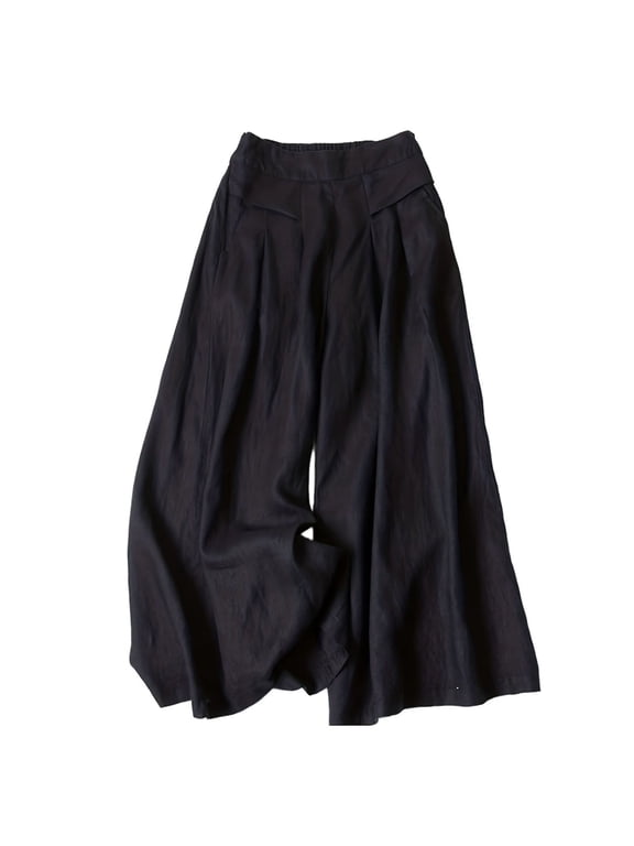 Women' s Culottes Linen Blend Wide Leg Pants Casual Capri Pants Cropped Pants Elastic Waist Palazzo