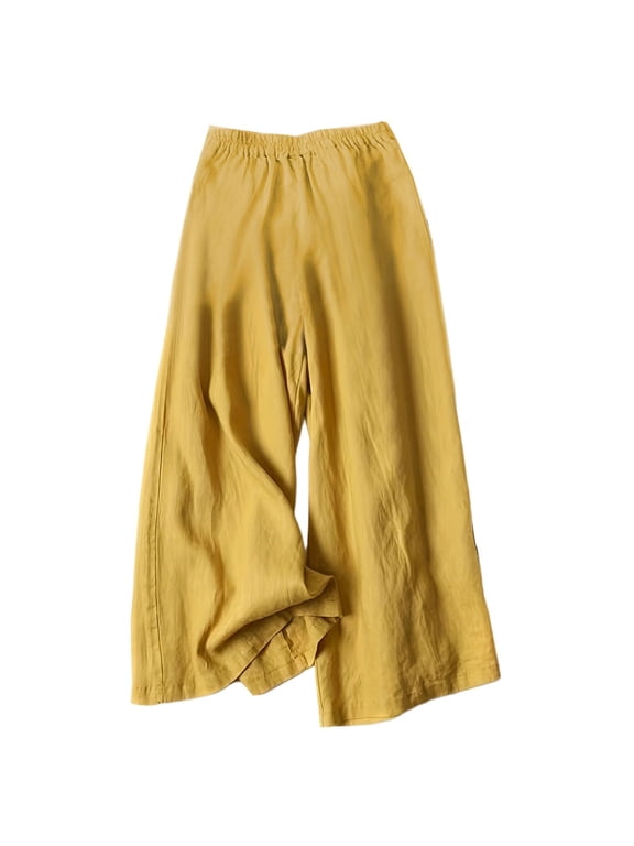 Women' s Culottes Linen Blend Wide Leg Pants Casual Capri Pants Cropped Pants Elastic Waist Palazzo
