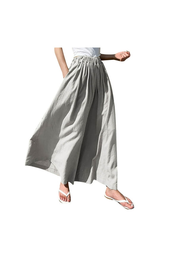 Women' s Culottes Linen Blend Wide Leg Pants Elastic Waist Casual Lightweight Flowy Palazzo Lounge Trousers with Pockets