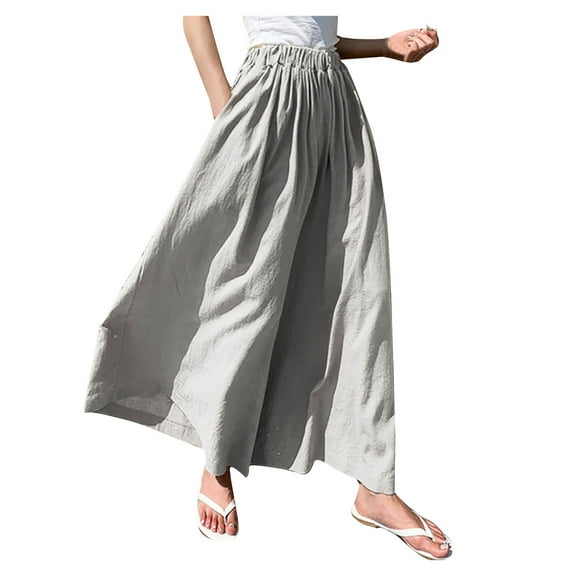 Women' s Culottes Linen Blend Wide Leg Pants Elastic Waist Casual Lightweight Flowy Palazzo Lounge Trousers with Pockets