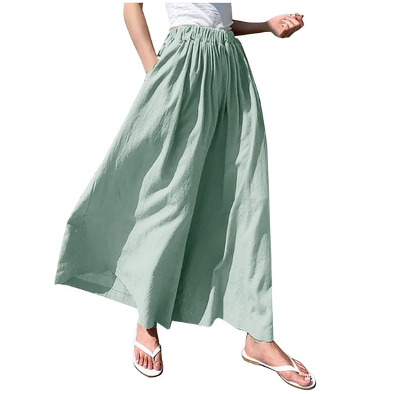 Women' s Culottes Linen Blend Wide Leg Pants Elastic Waist Casual Lightweight Flowy Palazzo Lounge Trousers with Pockets