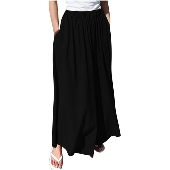 Women' s Culottes Linen Blend Wide Leg Pants Elastic Waist Casual Lightweight Flowy Palazzo Lounge Trousers with Pockets