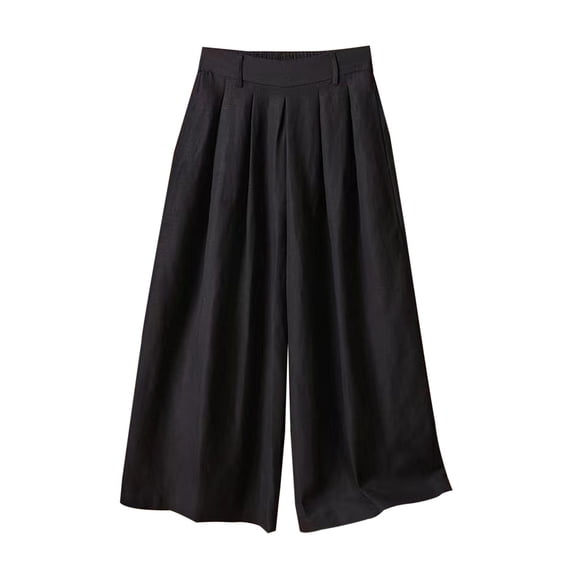 Women' s Culottes Linen Blend Wide Leg Pants Elastic Waist Casual Palazzo Trousers Capris