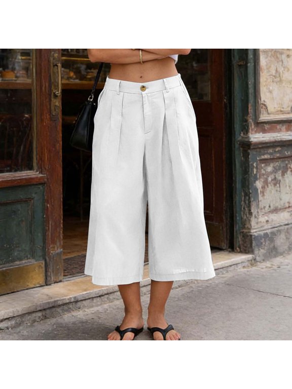 Women's Culottes Linen Cropped Wide Leg Pants Elastic Waist Casual Palazzo Trousers Cotton Dressy Casual Cropped Gaucho Pant with Pockets(White,XL)