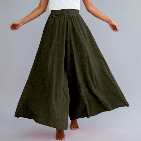 Women's Culottes Linen Wide Leg Pants Elastic Waist Casual Palazzo Trousers Women Linen Pants Color Army Green Size S