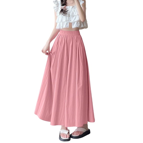 Women's Culottes Skirt Pants Textured Elastic High Waist A Line Flowy Maxi Skorts with Pockets Lightweight Casual Beach Wide Leg Trousers Pink