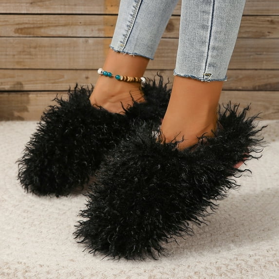 Women's Curly Furry Slippers, Indoor Thermal Cozy Fuzzy Shoes, Warm Bedroom Floor Plush Slippers With Non-slip Sole