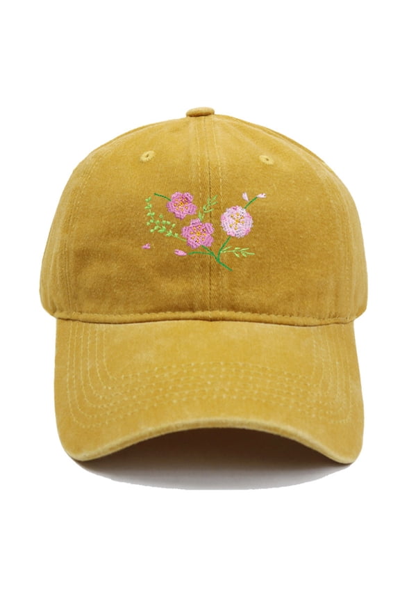 Women's Curved Brim Floral Baseball Cap, Adjustable Cotton Hat with Hand Embroidered Flower, Lightweight Sun Protection Cap for Daily Wear, Yellow One Size