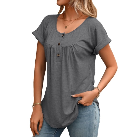 Women's Curved Hem Short Sleeve Shirts Summer Soft Pleated Scoop Neck Button Down Shirt Loose Fit Casual Daily Wear Tops Gray