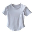 thumbnail image 1 of Women's Curved Hem Tee Shirts Fashion Solid Color Round Neck Short Sleeve Crop Tops Casual Comfort Trendy Pullover, 1 of 4