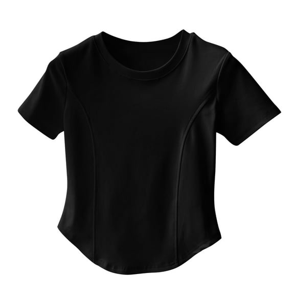 Women's Curved Hem Tee Shirts Fashion Solid Color Round Neck Short Sleeve Crop Tops Casual Comfort Trendy Pullover