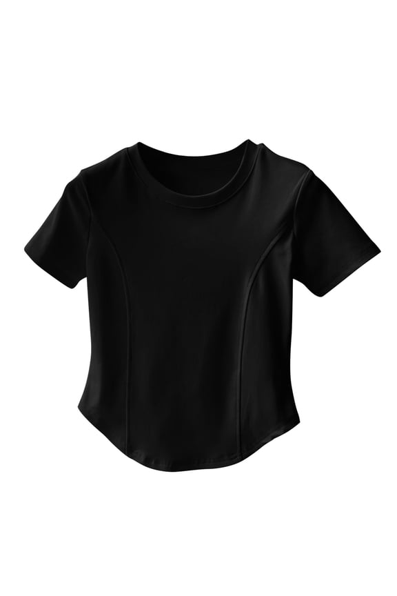 Women's Curved Hem Tee Summer Round Neck Basic Crop Tops Short Sleeve Casual Comfy T-Shirt ,Black,M