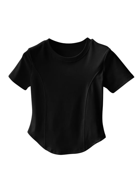 Women's Curved Hem Tee Summer Round Neck Basic Crop Tops Short Sleeve Casual Comfy T-Shirt ,Black,XL