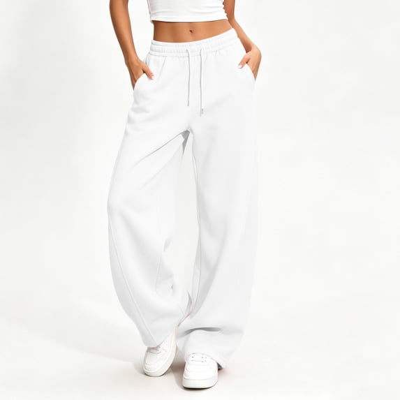 Women's Curved Knife Pleat Pants, High Waist Wide Leg Sports Sweatpants, Elastic Waist With Pockets, Loose Jogging Trousers White XL