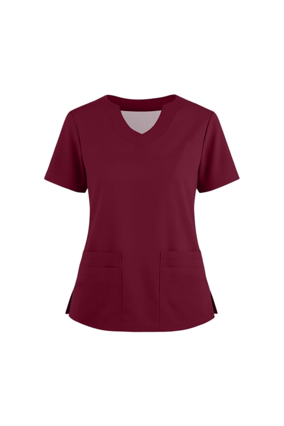 Women's Curved V-Neck Scrub Top – 4-Way Stretch Soft Material with Practical Pocket Design & Durable Build Wine 5XL