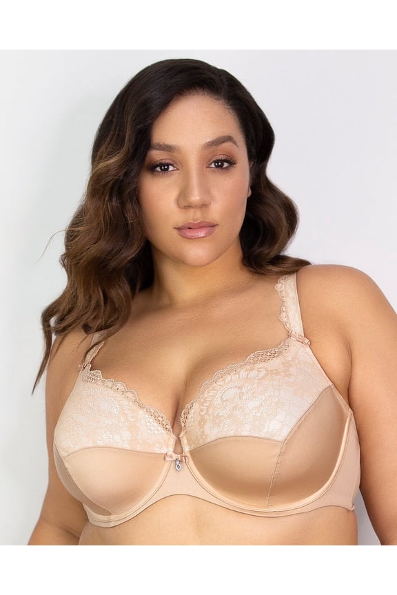 Women's Curvy Couture 1017 Tulip Lace Push Up Balconette Bra (Bombshell Nude 44C)