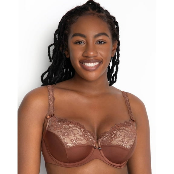 Women's Curvy Couture 1017 Tulip Lace Push Up Balconette Bra (Chocolate 34DDD)