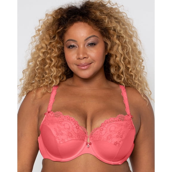 Women's Curvy Couture 1017 Tulip Lace Push Up Balconette Bra (Sun Kissed Coral 42D)