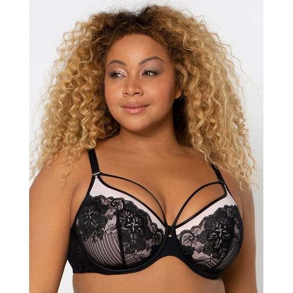 Women's Curvy Couture 1267 Tulip Strappy Lace Push Up Bra (Black/Adobe Rose 38G)