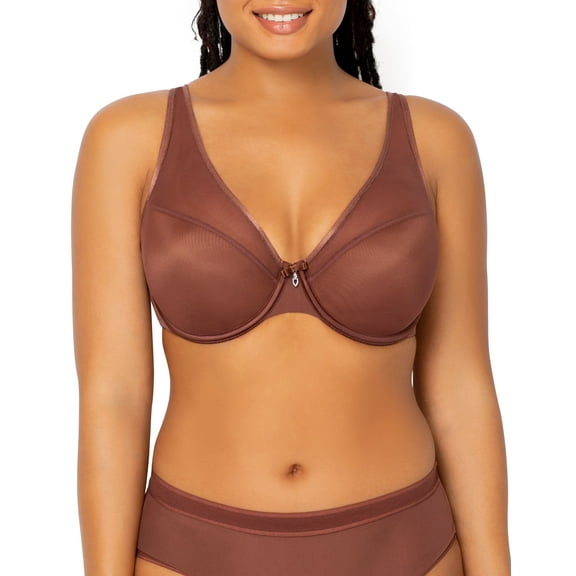 Women's Curvy Couture 1310 Sheer Mesh Plunge Push Up Underwire Bra (Chocolate 42C)