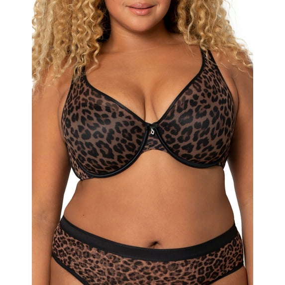 Women's Curvy Couture 1310 Sheer Mesh Plunge Push Up Underwire Bra (Designer Leo 38G)