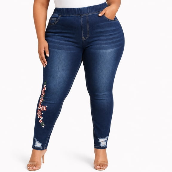 WBLTRVE  Women's Curvy Plus Size High Waisted Pull-On Skinny Ankle Jeans, Stretch Embroidered Denim Pants