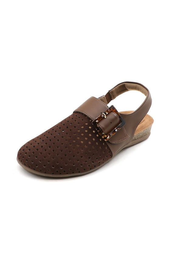 Women's Cushioned Genuine Leather Perforated Slingback Buckle Comfort Clogs Cork Footbed