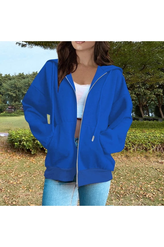 Women's Customizable Full-Zip Hoodie Jacket, Oversized Casual Hooded Sweatshirt with Drawstring & Pockets, 15 Colors, Sizes S-3XL