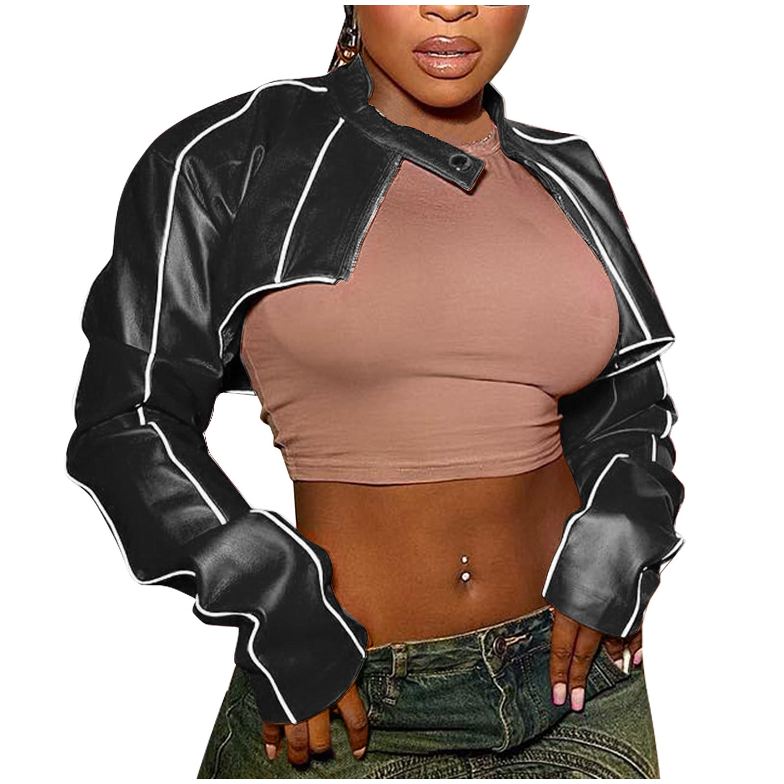 Deals Women's Cut Out Asymmetric Mock Neck Faux PU Leather