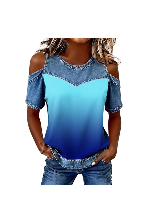 Women's Cut Out Cold Shoulder Tops Summer Denim Patchwork Short Sleeve Crew Neck Gradation T Shirts Blue