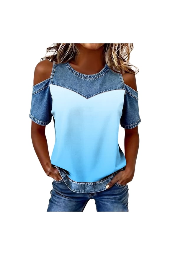 Women's Cut Out Cold Shoulder Tops Summer Denim Patchwork Short Sleeve Crew Neck Gradation T Shirts Light Blue
