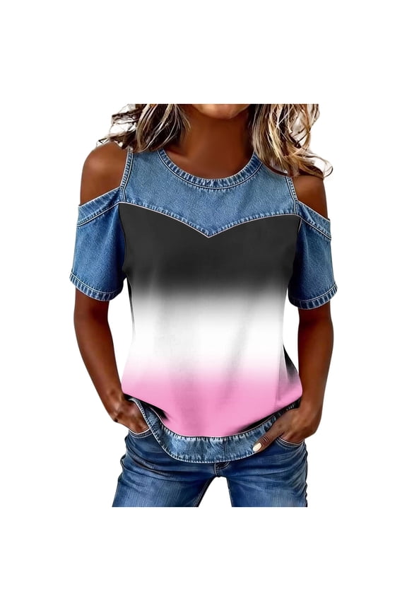 Women's Cut Out Cold Shoulder Tops Summer Denim Patchwork Short Sleeve Crew Neck Gradation T Shirts Pink