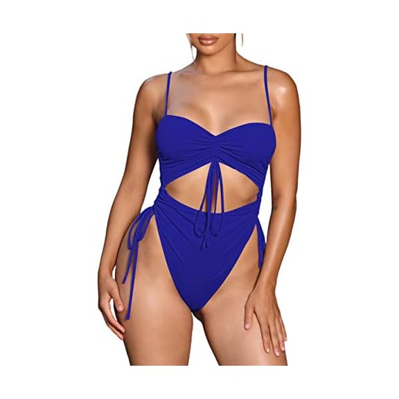 Women's Cut Out Drawstring One Piece Swimsuit Cheeky High Cut Bathing Suit