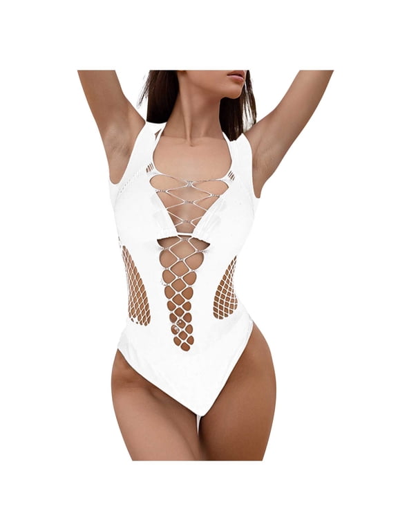 Women's Cut Out Fishnet Teddy Lingerie Mesh One Piece Bodysuit