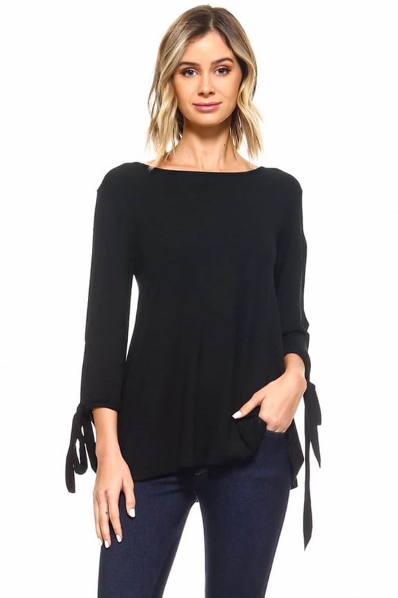Women's Cut Out Half Sleeve Tie Top, Black, L