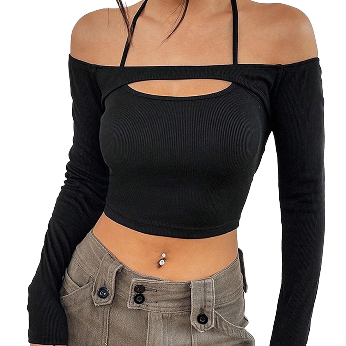 【Raucohouse】Cold off-shoulder shirring crop long sleeve Women's Cut Out Long Sleeve Off Shoulder Halter Crop T