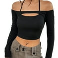 thumbnail image 1 of Women's Cut Out Long Sleeve Off Shoulder Halter Crop T Shirts Top Ribbed Knit Top Spaghetti Halter Off The Shoulder Shirt-X-Large, 1 of 6