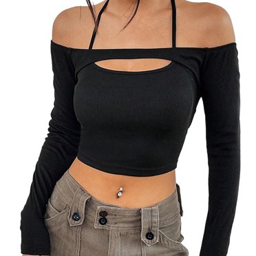 Women's Cut Out Long Sleeve Off Shoulder Halter Crop T Shirts Top Ribbed Knit Top Spaghetti Halter Off The Shoulder Shirt - X-Large