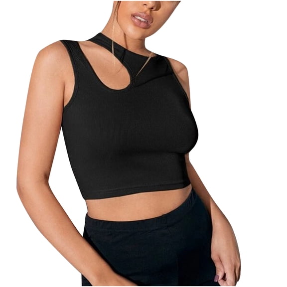 Women's Cut Out Sleeveless Round Neck Slim Fitted Ribbed Tank Crop Top Summer Cami Croset Tops Streetwear