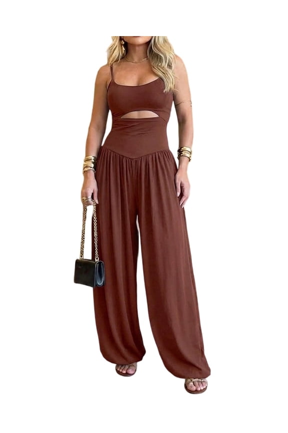 Women's Cut-Out Waist Spaghetti Strap Jumpsuit, Sleeveless Ruched Wide Leg Backless Tie-Back Summer Vacation Romper