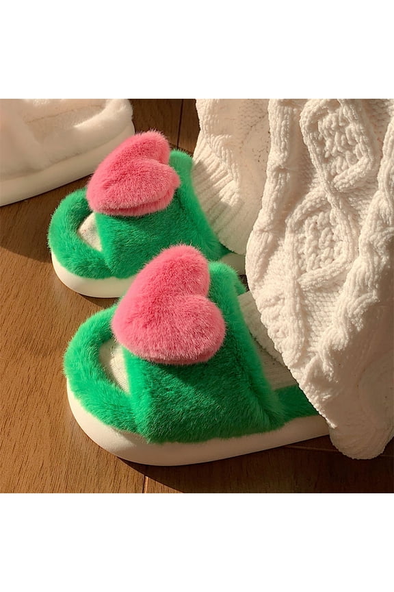 Women's Cute 3D Heart Plush Slippers - Fashion Winter Warm Faux Fur House Shoes, Soft Sole Anti-Slip Indoor Bedroom Mules, Comfortable Maternity & Postpartum Shoes for Ladies